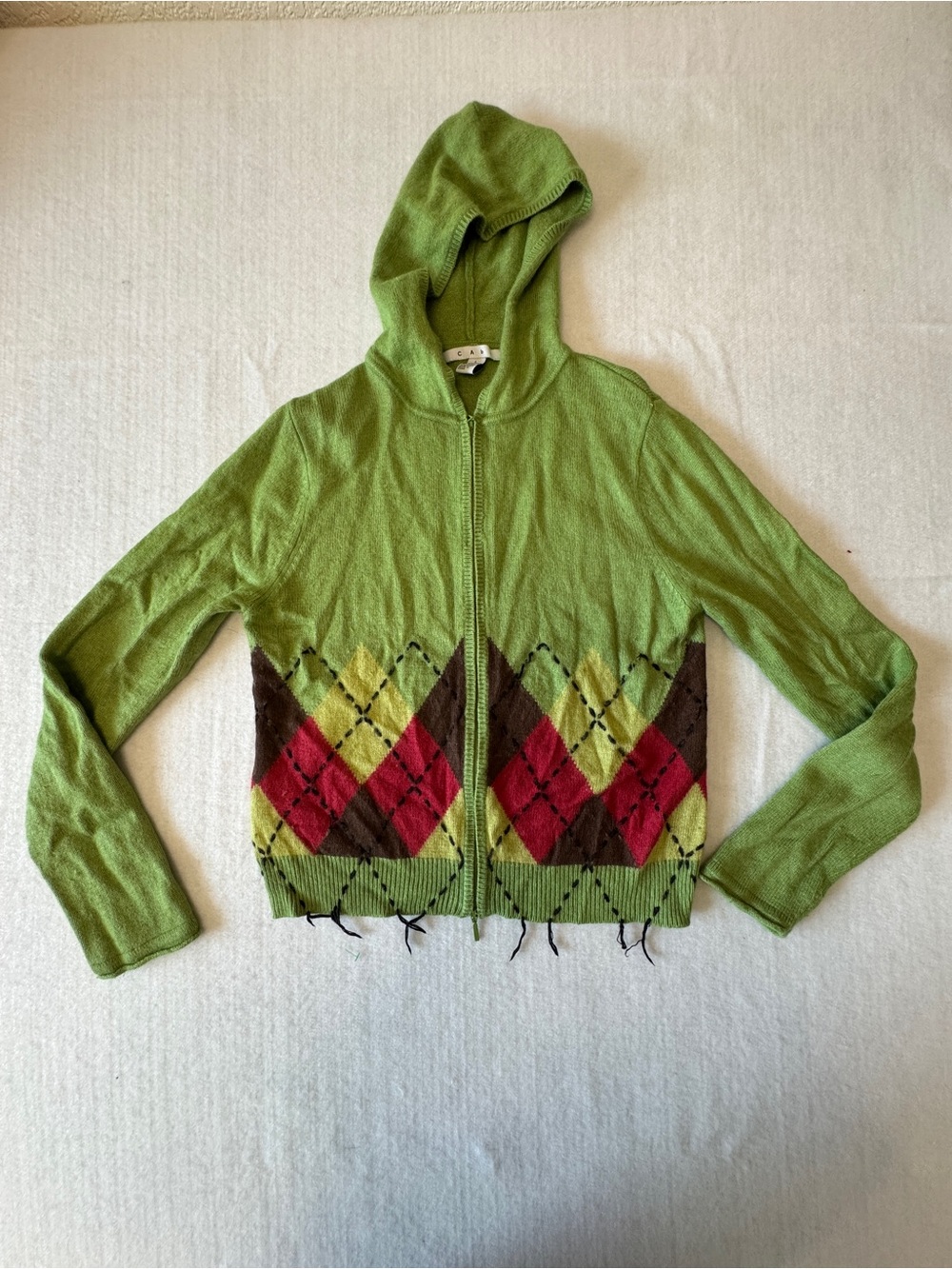 CAbi Green Argyle Zip Hoodie with Red and Brown Accents